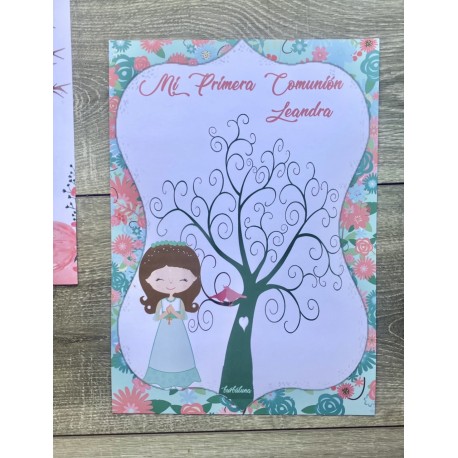Lámina huellas primera comunión rosa y mint