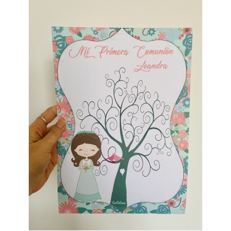 Lámina huellas primera comunión rosa y mint