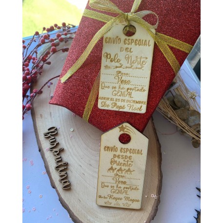 Etiquetas de madera para regalos de Papá Noel y Reyes Magos