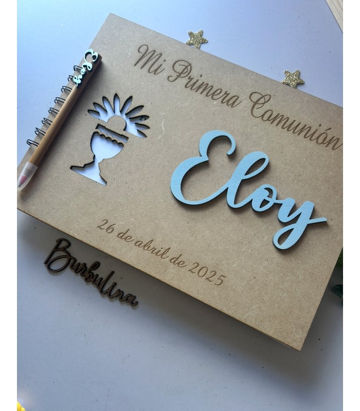 Libro de firmas primera comunión de madera con boli modelo cáliz