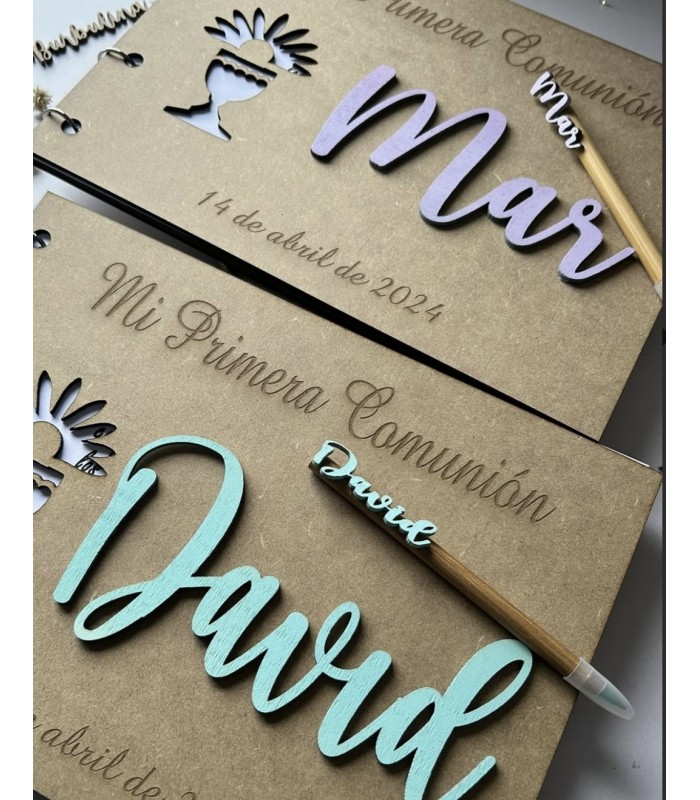 Libro de firmas primera comunión de madera con boli modelo cáliz